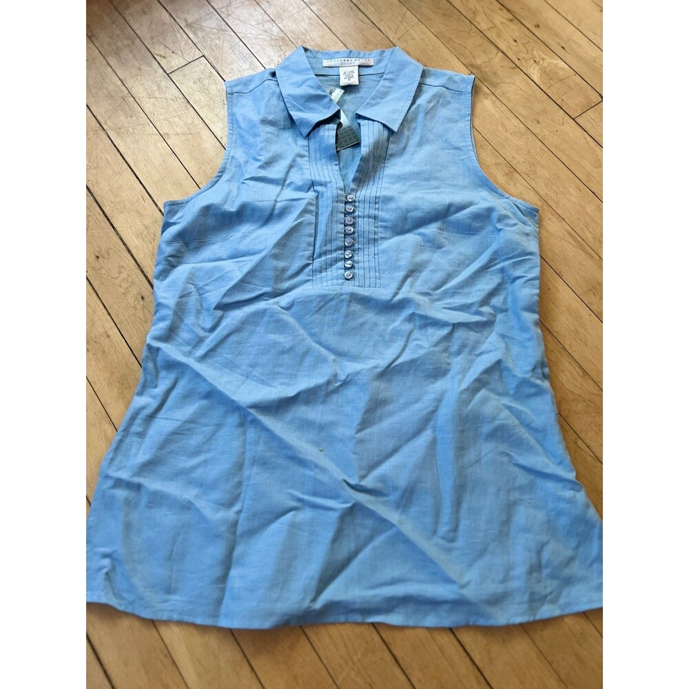 Geoffrey Beene Womens Blue Linen Blend Collared Tank Pleated Front Size 10